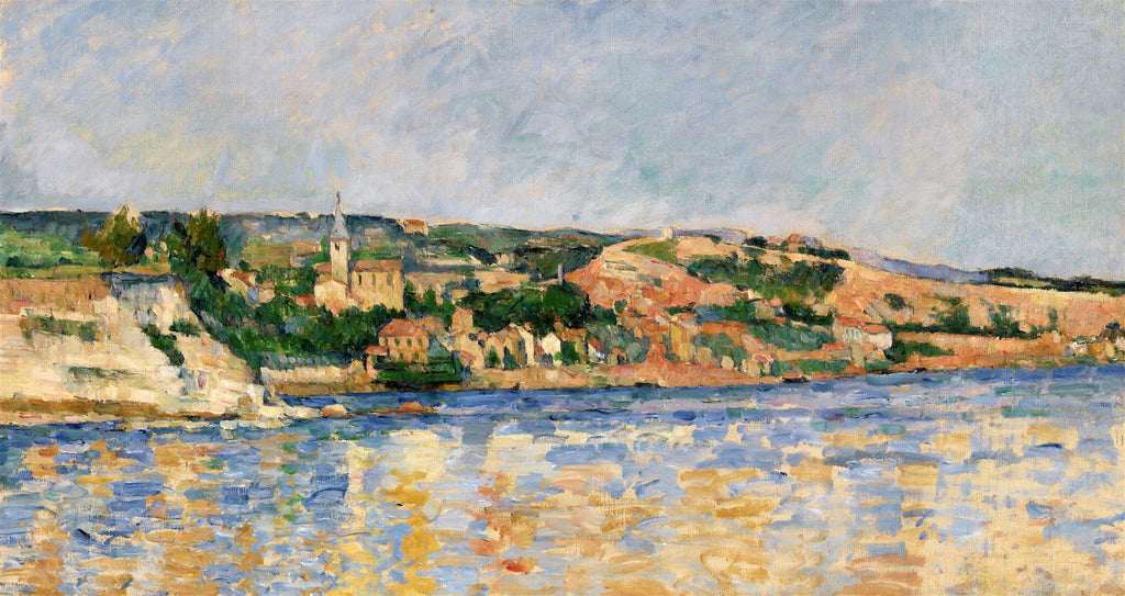 Quadro decorativo paisagem costeira com mar azul, casas na encosta e céu claro, obra de Paul Cézanne