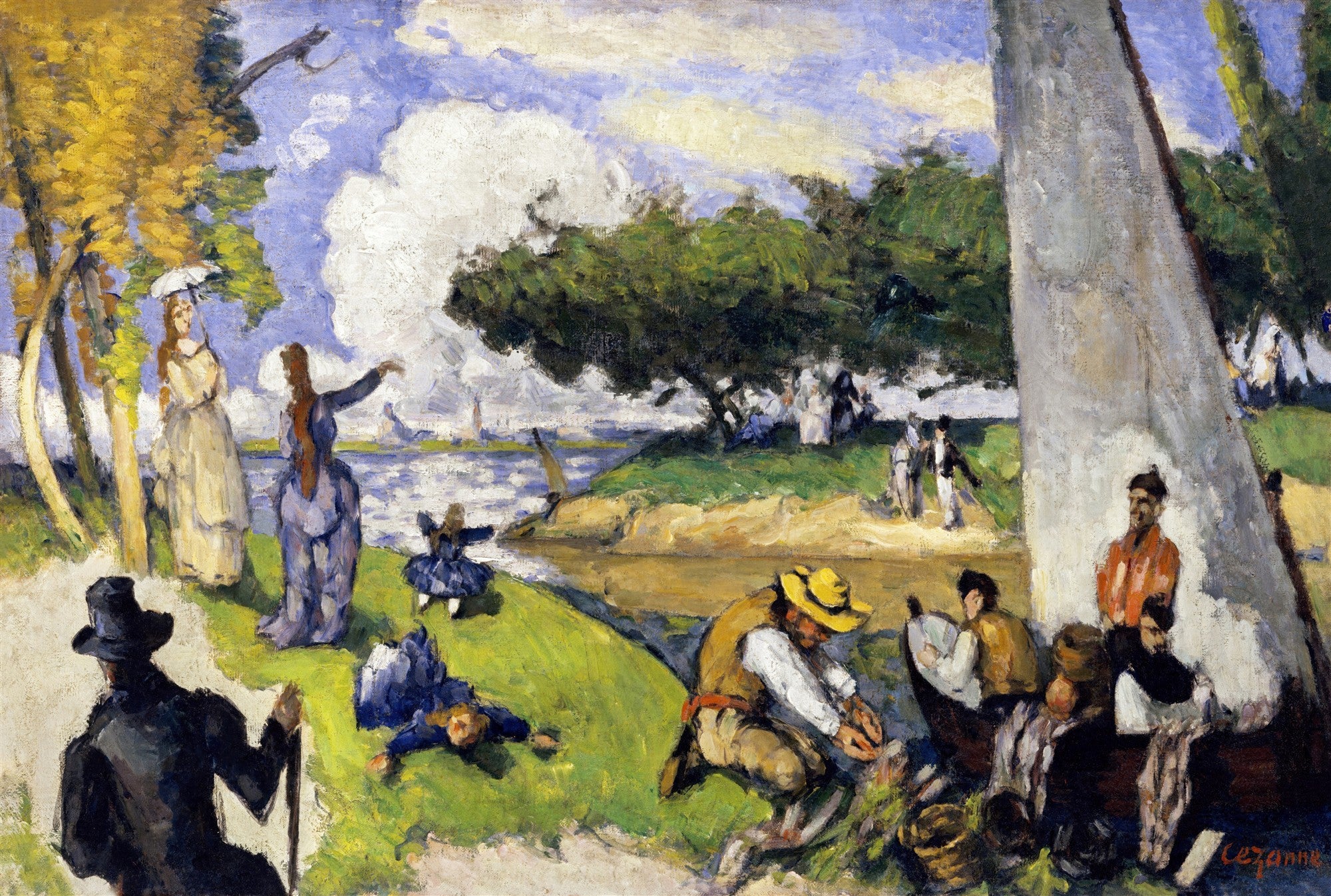 Pintura de Paul Cézanne "A Margem do Marne" retratando pessoas em um dia ensolarado à beira de um rio, com árvores e um céu azul com nuvens. A cena é cheia de figuras humanas, algumas em barcos, outras à beira da água ou sob a sombra das árvores, com uma grande vela de barco no primeiro plano à direita.