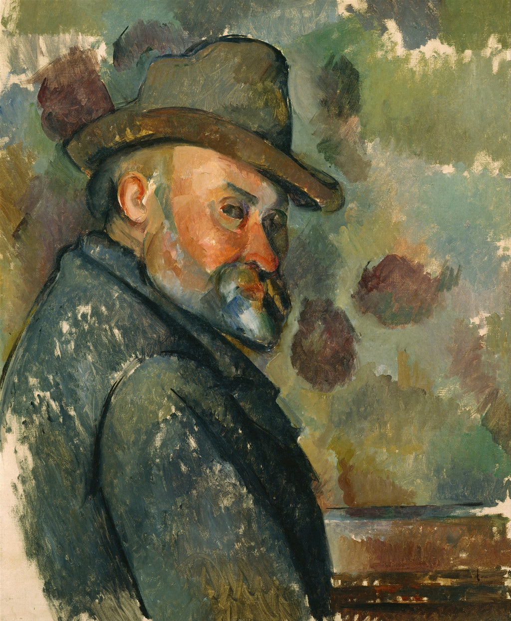 Retrato de Ambroise Vollard, pintado por Paul Cézanne, mostrando um homem de chapéu e barba, olhando para o lado direito, com pinceladas marcadas e fundo abstrato em tons terrosos e esverdeados.