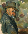 Retrato de Ambroise Vollard, pintado por Paul Cézanne, mostrando um homem de chapéu e barba, olhando para o lado direito, com pinceladas marcadas e fundo abstrato em tons terrosos e esverdeados.