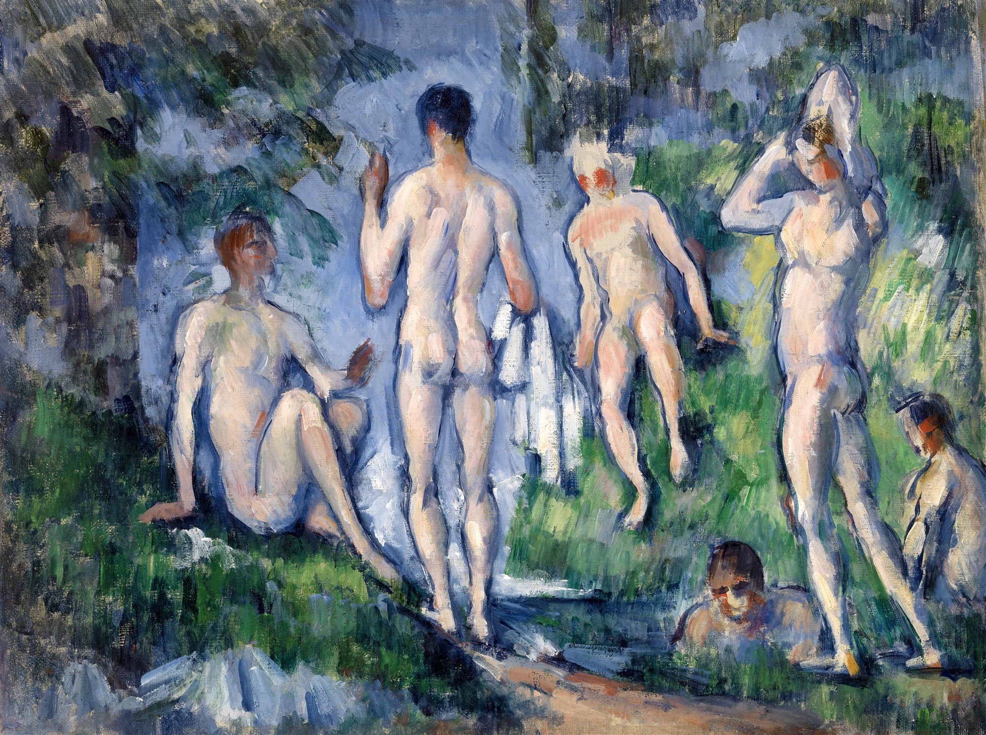 Quadro decorativo 'Os Banhistas' de Paul Cézanne, exibindo figuras nuas masculinas e femininas em uma paisagem natural com água e vegetação. Pinceladas expressivas e cores suaves.