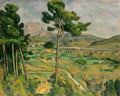 Paisagem Provençal de Paul Cézanne, com pinheiros em primeiro plano, um vale verdejante com casas e um viaduto ao fundo, sob um céu nublado.