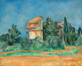 Quadro decorativo com paisagem provençal de Paul Cézanne, mostrando uma casa amarelada com telhado laranja e árvores verdes sob um céu azul.