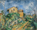 Pintura de Paul Cézanne, "Casas na Provença", mostrando casas rústicas em uma colina com vegetação, sob um céu azul e nublado, com montanhas ao fundo. Predominam tons de ocre, verde e azul.