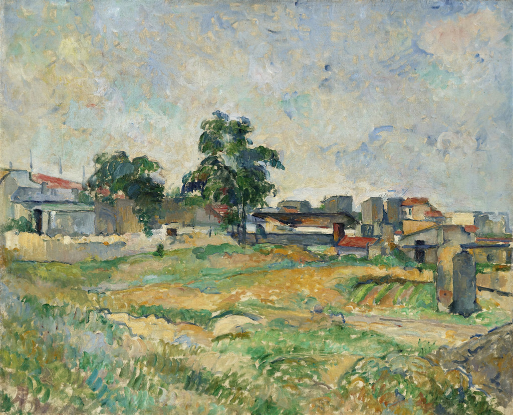 Quadro decorativo mostrando uma paisagem campestre com casas de telhados vermelhos e árvores verdes sob um céu claro, no estilo pós-impressionista de Paul Cézanne. Pinceladas visíveis e cores suaves predominam.