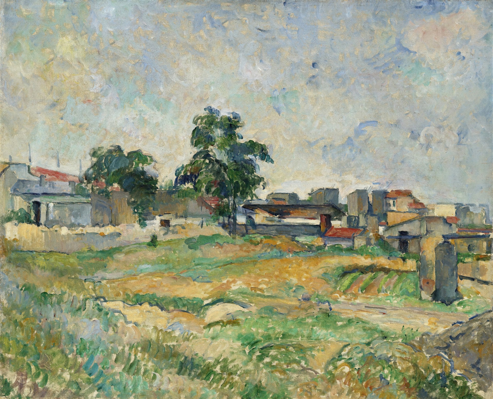 Quadro decorativo mostrando uma paisagem campestre com casas de telhados vermelhos e árvores verdes sob um céu claro, no estilo pós-impressionista de Paul Cézanne. Pinceladas visíveis e cores suaves predominam.