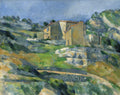 Quadro decorativo com a pintura 'Casas na Provença' de Paul Cézanne, mostrando casas rústicas em meio a colinas verdes e rochosas sob um céu azul, com pinceladas que denotam volume e forma.