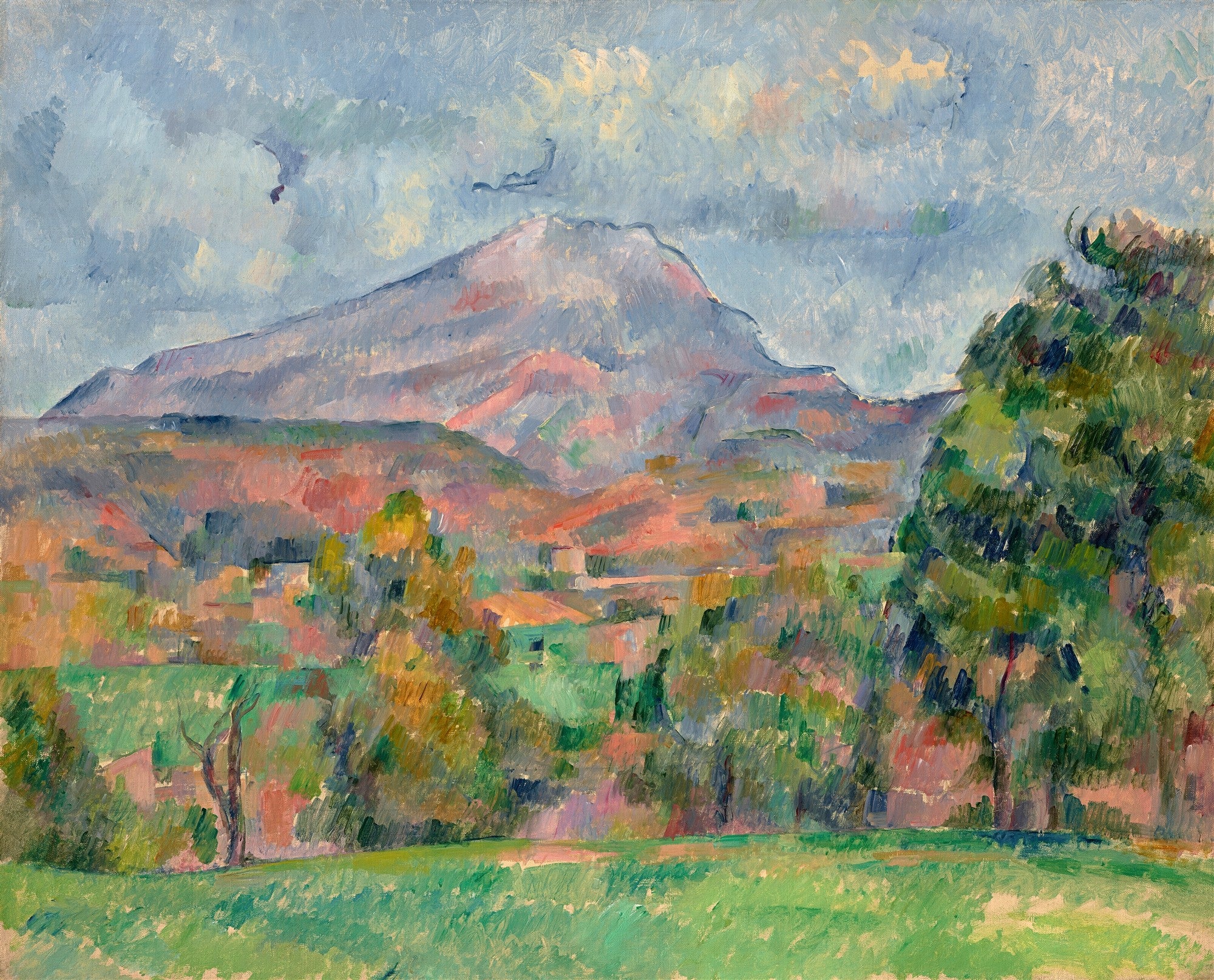 Pintura a óleo de Paul Cézanne, Mont Sainte-Victoire, mostrando uma montanha imponente em tons de cinza e rosa, com vales e casas coloridas em tons terrosos e verdes, sob um céu azul claro com nuvens brancas.