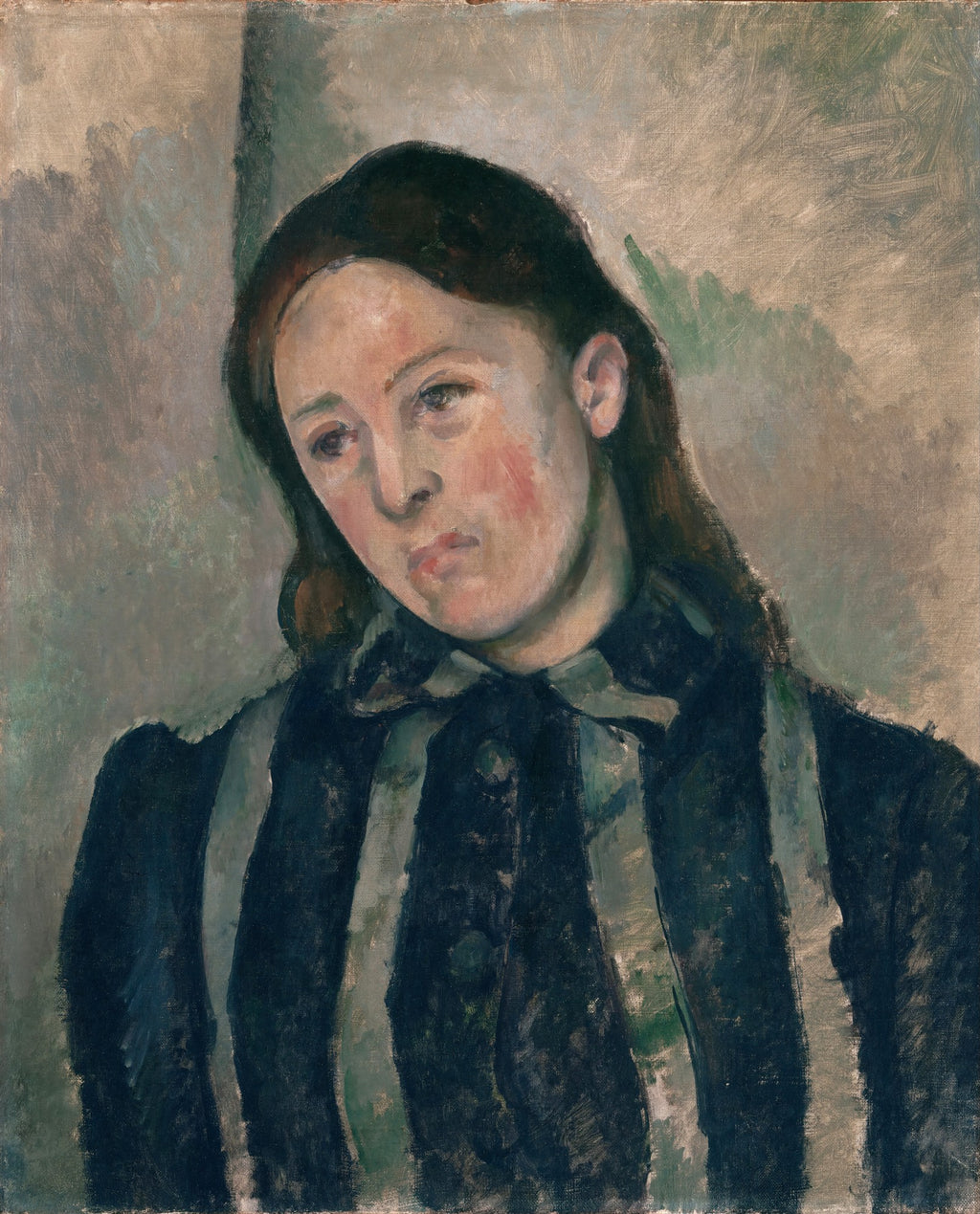 Quadro decorativo 'A Jovem Italiana' de Paul Cézanne, mostrando o busto de uma mulher jovem com expressão pensativa, usando uma blusa listrada escura.