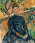 Retrato de Madame Cézanne sentada em um jardim, com vestes escuras e pinceladas expressivas em tons de verde, azul e ocre, obra de Paul Cézanne.