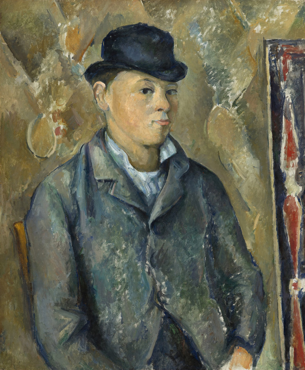 Retrato de um jovem com chapéu-coco, com pinceladas marcantes e cores terrosas, pintado por Paul Cézanne.