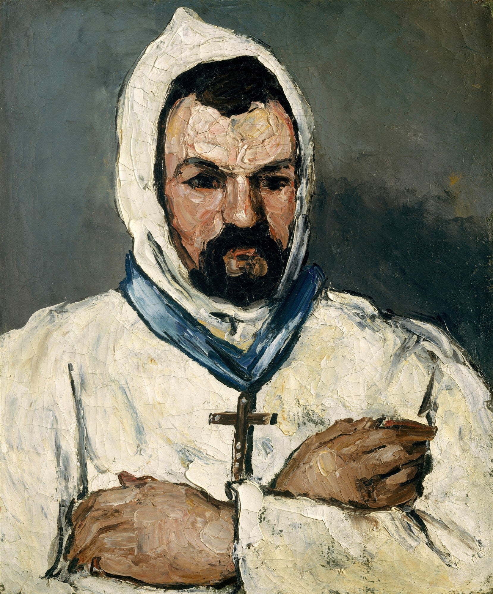 Quadro decorativo de "O Monge (Retrato de um Frade)" de Paul Cézanne, mostrando um homem barbudo com capuz branco e crucifixo, em estilo pós-impressionista.