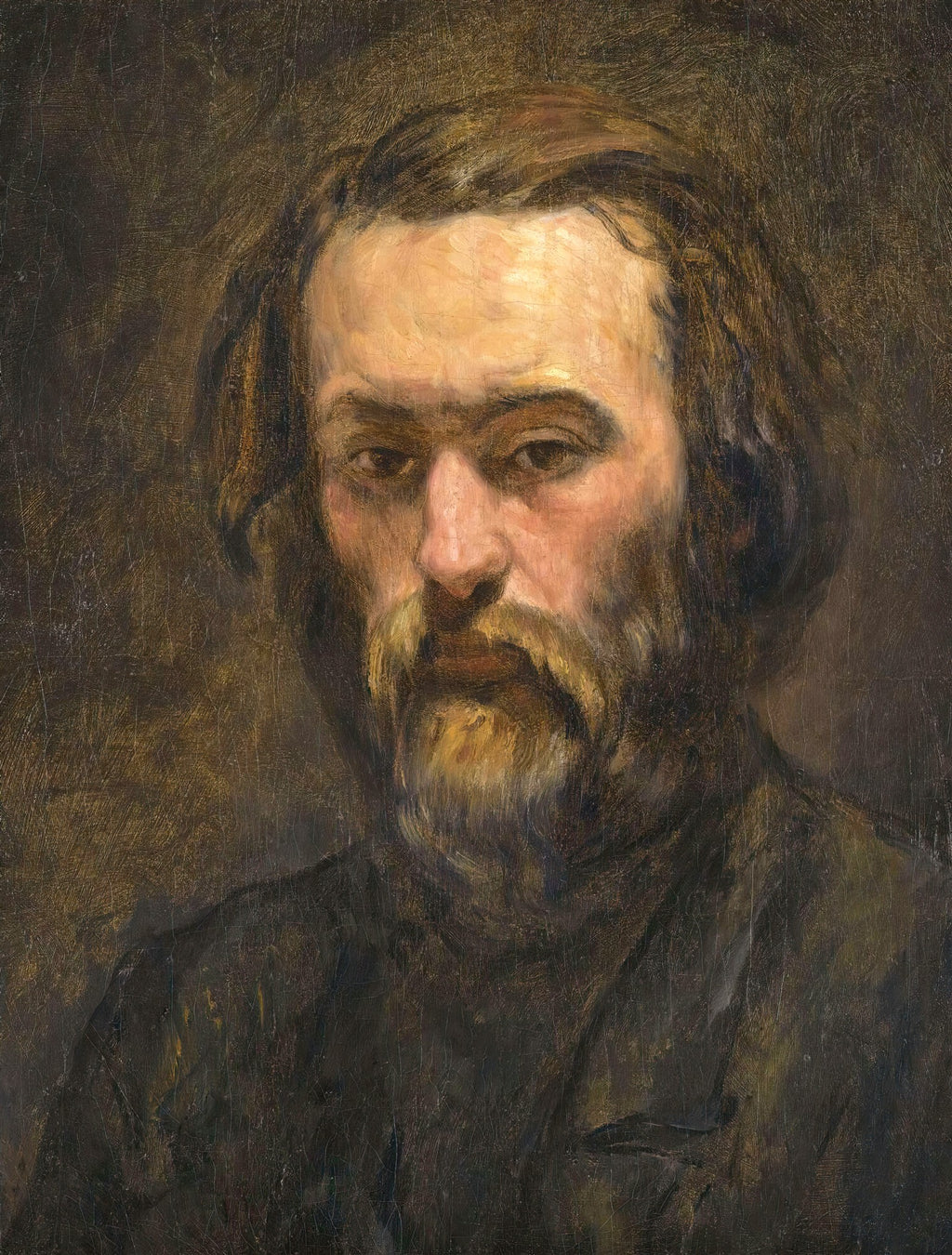 Quadro decorativo com um retrato de Paul Cézanne, um homem com barba e cabelo castanho escuro, olhando diretamente para frente com uma expressão séria. A pintura utiliza tons terrosos e pinceladas visíveis, característica do artista pós-impressionista.