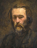 Quadro decorativo com um retrato de Paul Cézanne, um homem com barba e cabelo castanho escuro, olhando diretamente para frente com uma expressão séria. A pintura utiliza tons terrosos e pinceladas visíveis, característica do artista pós-impressionista.