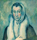 Retrato de uma mulher com xale branco e fundo em tons de azul e verde, atribuído a Paul Cézanne