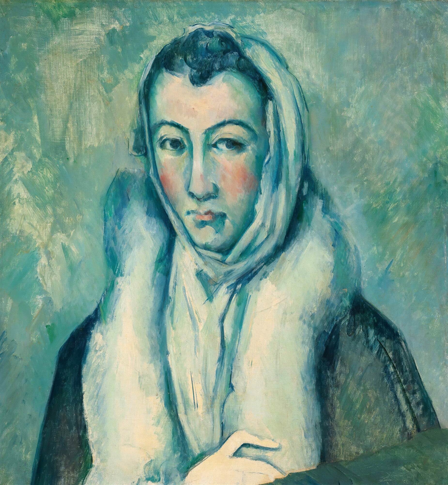 Retrato de uma mulher com xale branco e fundo em tons de azul e verde, atribuído a Paul Cézanne