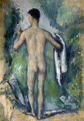 Quadro decorativo com pintura de Paul Cézanne, representando um homem nu de costas, em pé no meio de folhagens verdes e azuis, segurando um tecido branco.