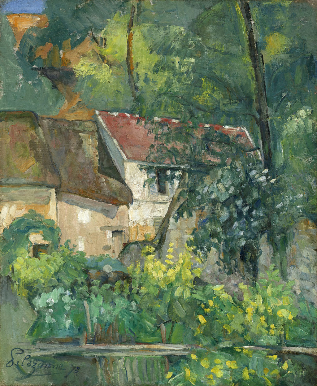Pintura a óleo de Paul Cézanne, "A Casa e a Árvore", retratando uma casa de telhado vermelho e paredes claras semi-escondida entre densa folhagem verde e árvores. A parte inferior da imagem mostra o reflexo das árvores em uma superfície aquática.
