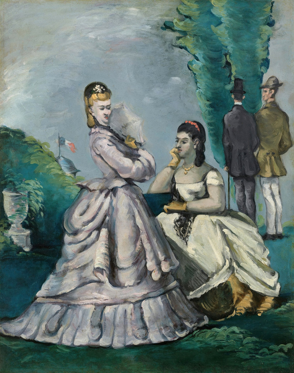 Quadro decorativo 'As Duas Irmãs' de Paul Cézanne, mostrando duas mulheres em vestidos elegantes em um jardim, com dois homens ao fundo. Predominam tons de azul, verde e cinza.