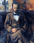 Quadro decorativo de Paul Cézanne retratando um homem barbudo sentado, vestido com terno e gravata borboleta, em tons escuros e terrosos.