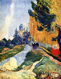Quadro decorativo 'A Lagoa de Vaugirard' de Paul Gauguin. Uma paisagem com um rio ou lagoa central, margens verdes, árvores exuberantes em tons de laranja e azul, um edifício com cúpula ao fundo e três figuras escuras na margem. A obra apresenta cores vibrantes e pinceladas marcadas.