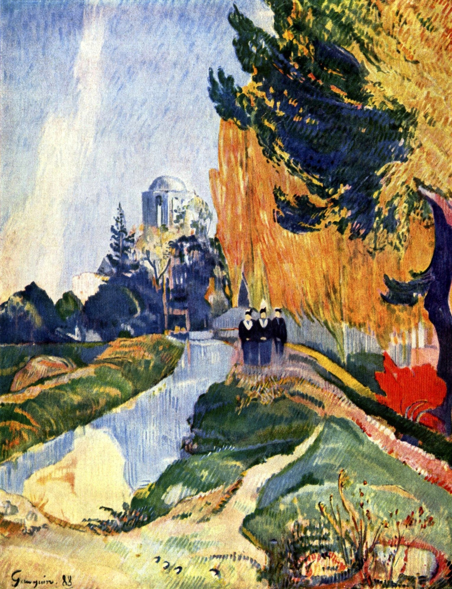 Quadro decorativo 'A Lagoa de Vaugirard' de Paul Gauguin. Uma paisagem com um rio ou lagoa central, margens verdes, árvores exuberantes em tons de laranja e azul, um edifício com cúpula ao fundo e três figuras escuras na margem. A obra apresenta cores vibrantes e pinceladas marcadas.