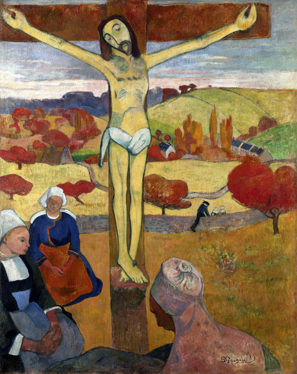 Quadro decorativo 'O Cristo Amarelo' de Paul Gauguin, representando Jesus Cristo crucificado em tons de amarelo, com figuras femininas em trajes bretões e paisagem rural ao fundo.