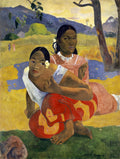 Quadro decorativo com a pintura 'Duas Mulheres Taitianas' de Paul Gauguin, exibindo duas mulheres de pele morena sentadas em uma paisagem tropical com folhagens verdes e montanhas ao fundo. As cores são vibrantes e os contornos definidos.