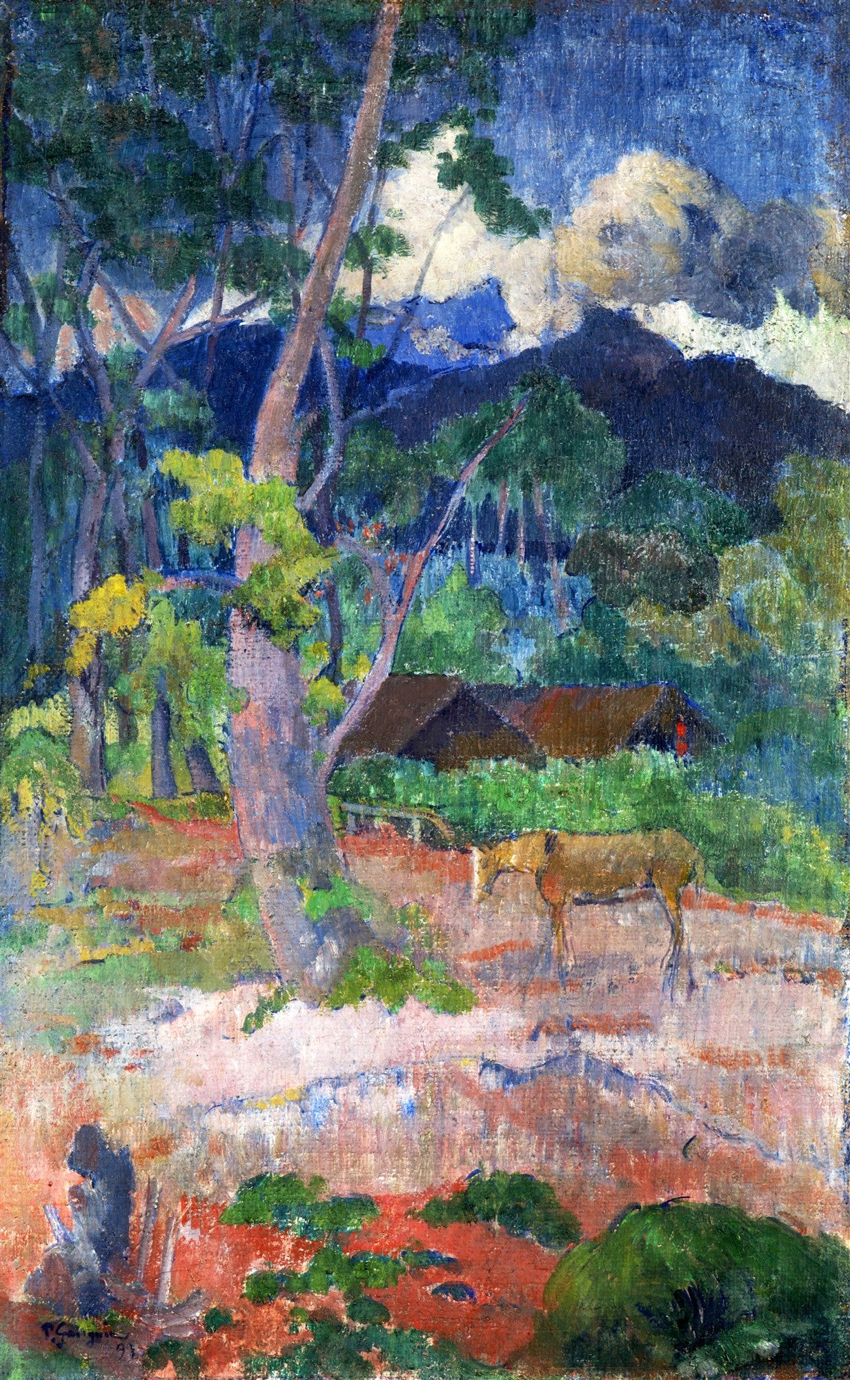Pintura a óleo de Paul Gauguin, 'Paysage d'été', retratando uma paisagem tropical com árvores altas, uma casa rústica ao fundo e um cavalo pastando em primeiro plano, com montanhas e céu azul escuro ao fundo.