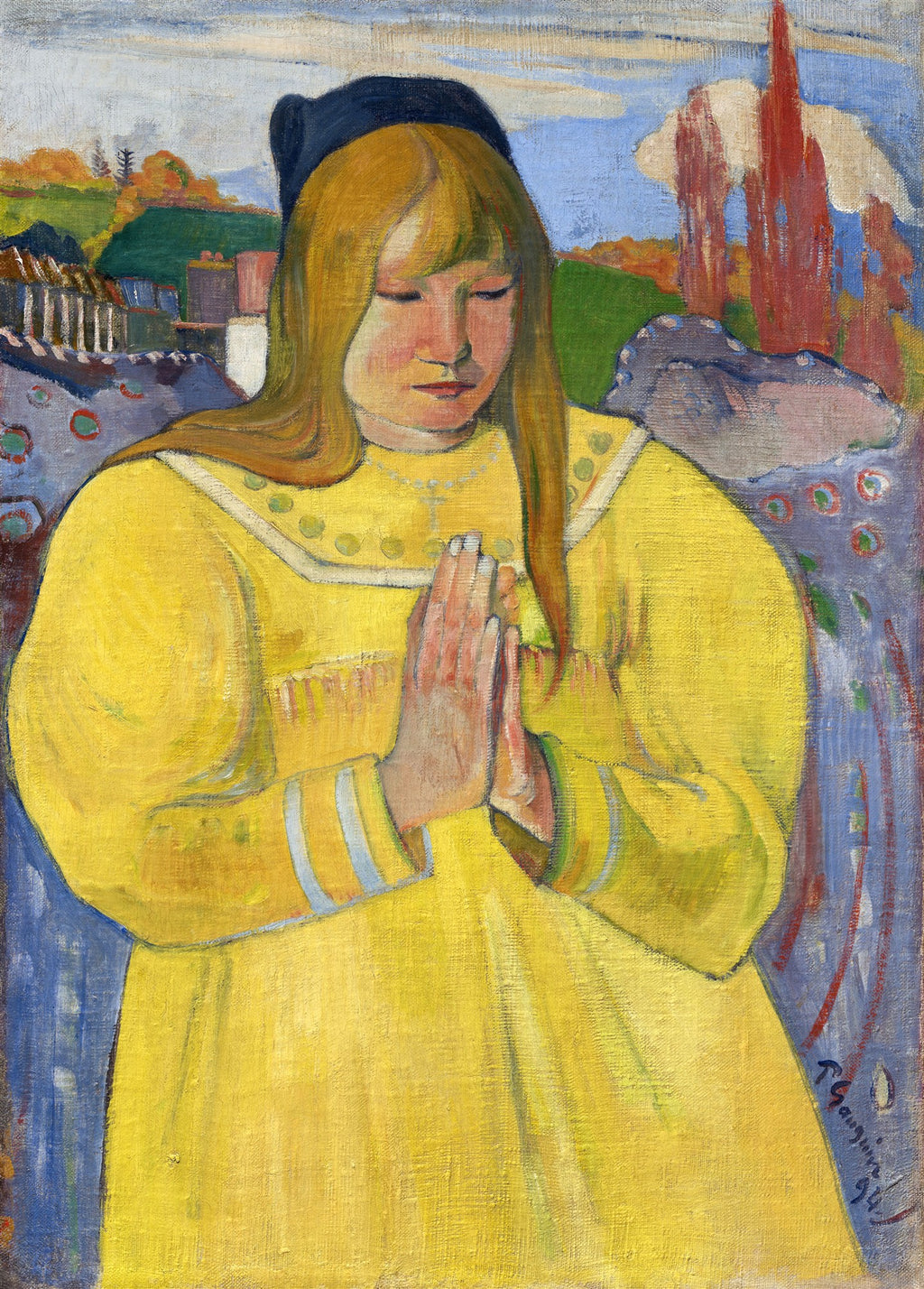Quadro decorativo "A Pequena Bretona Orando" de Paul Gauguin, mostrando uma jovem loira com chapéu escuro e vestido amarelo, em oração, com paisagem vibrante ao fundo.