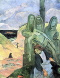 Quadro "A Deposição" de Paul Gauguin, mostrando figuras estilizadas em tons de verde e azul, com uma mulher em primeiro plano e um corpo sendo deposto, em uma paisagem costeira.