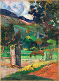 Pintura a óleo de Paul Gauguin retratando uma paisagem tropical exuberante com montanhas ao fundo, coqueiros, vegetação densa e duas figuras ao centro caminhando por uma trilha de terra, com um cavalo pastando na grama verde ao lado.