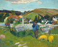 Quadro decorativo de Paul Gauguin, 'A Paisagem Verde', com um camponês, porcos e uma vaca em um cenário rural vibrante.