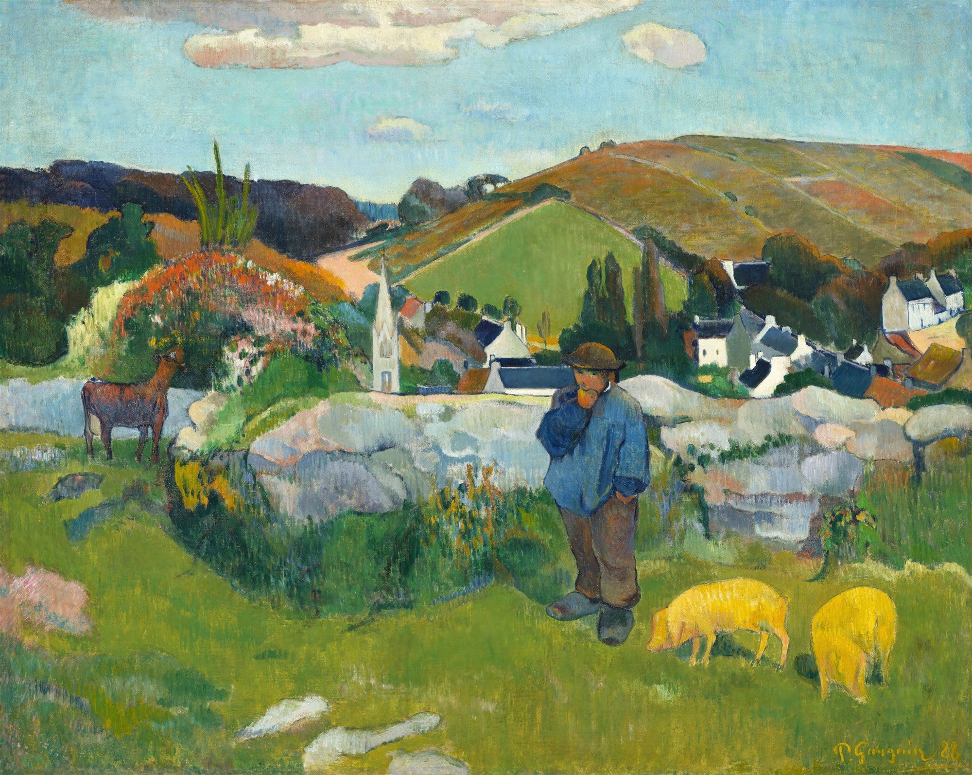 Quadro decorativo de Paul Gauguin, 'A Paisagem Verde', com um camponês, porcos e uma vaca em um cenário rural vibrante.
