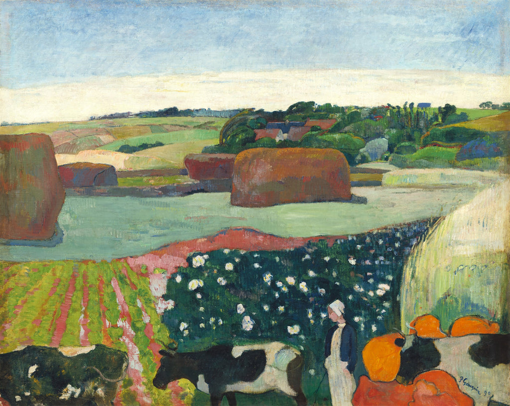 Pintura de Paul Gauguin, 'A Fazenda de Le Pouldu', com paisagem rural, casas, campos, fardos de feno e uma camponesa com vacas. Cores vibrantes e estilo pós-impressionista.