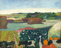 Pintura de Paul Gauguin, 'A Fazenda de Le Pouldu', com paisagem rural, casas, campos, fardos de feno e uma camponesa com vacas. Cores vibrantes e estilo pós-impressionista.
