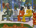 Quadro decorativo com a pintura 'Ta Matete' de Paul Gauguin, exibindo mulheres taitianas sentadas em um banco em um cenário vibrante.