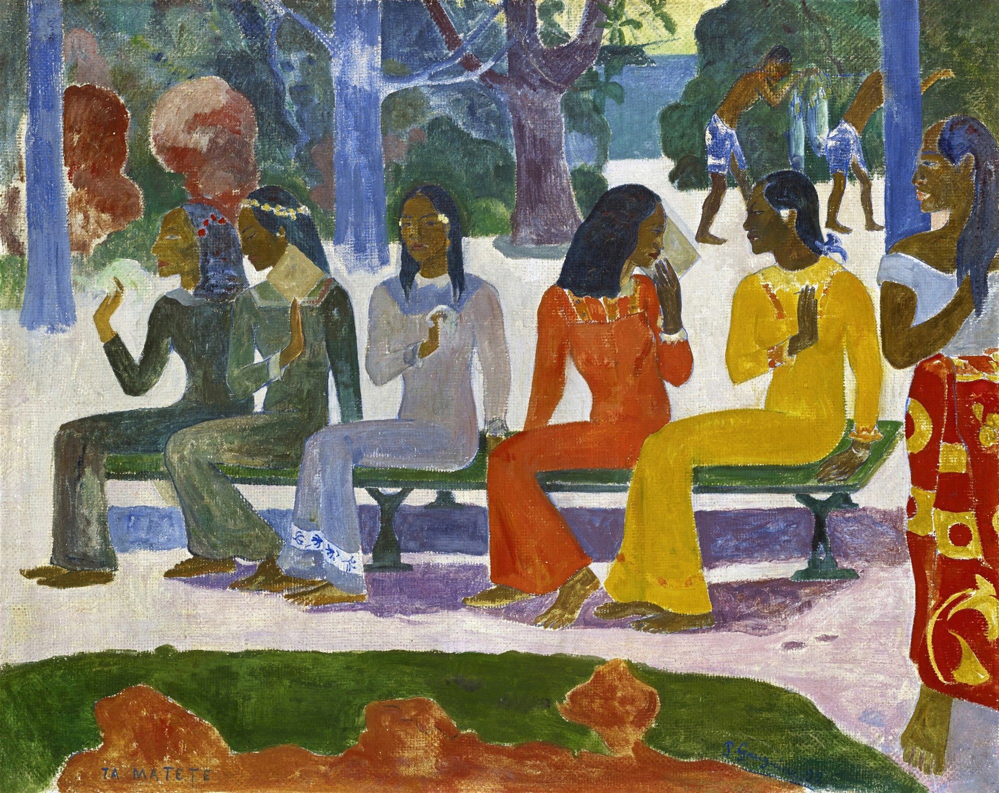 Quadro decorativo com a pintura 'Ta Matete' de Paul Gauguin, exibindo mulheres taitianas sentadas em um banco em um cenário vibrante.