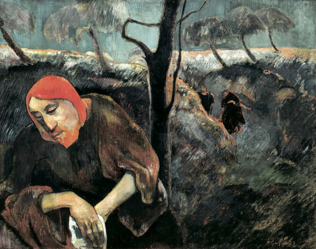 Quadro decorativo mostrando a pintura 'Cristo no Horto das Oliveiras' de Paul Gauguin, com Cristo em primeiro plano, usando uma touca vermelha, em um cenário sombrio com árvores estilizadas e figuras ao fundo.
