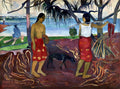Quadro decorativo mostrando duas mulheres tahitianas em uma praia roxa e azul, com coqueiros e o mar ao fundo, pintado por Paul Gauguin em estilo pós-impressionista.