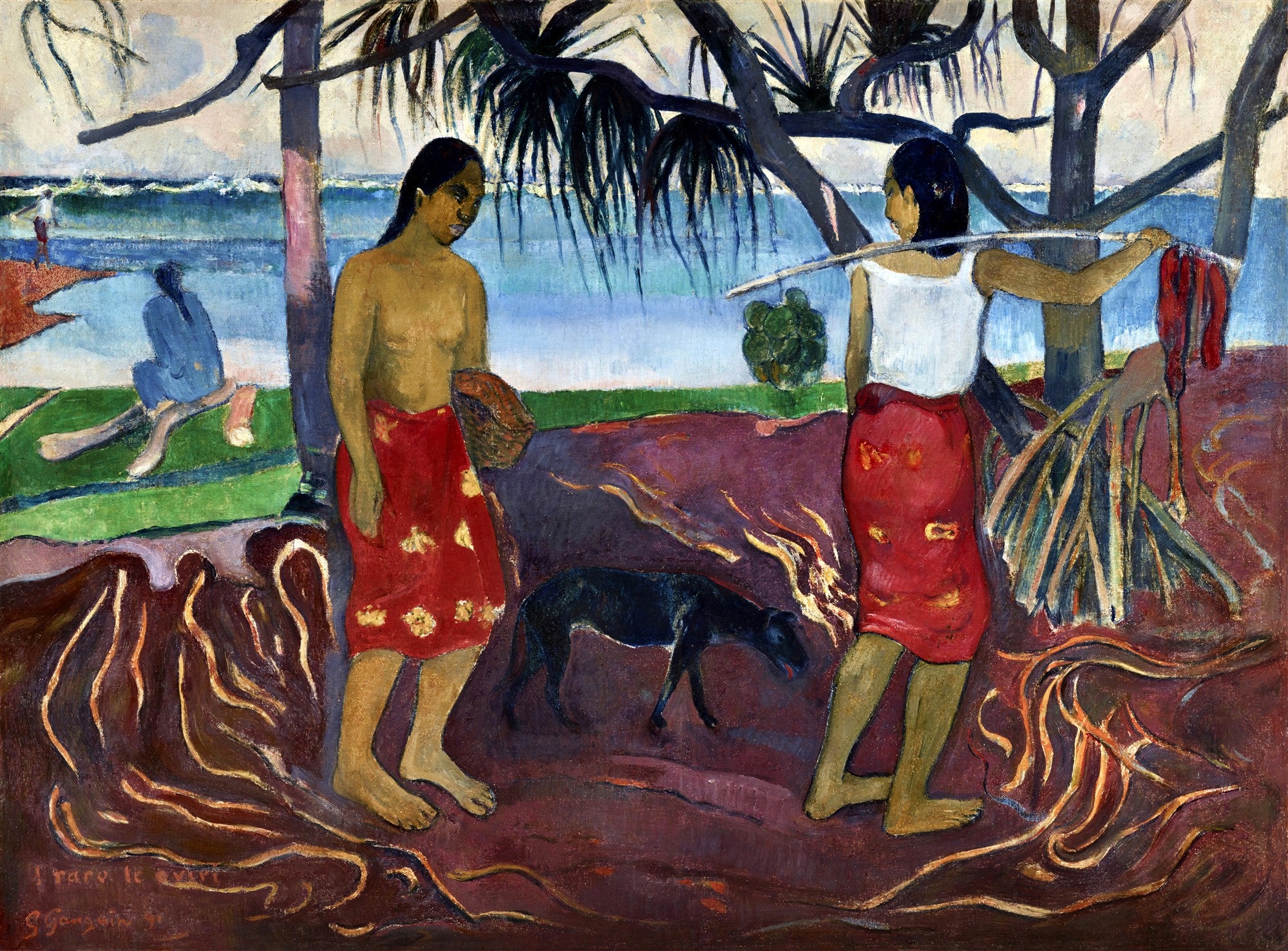 Quadro decorativo mostrando duas mulheres tahitianas em uma praia roxa e azul, com coqueiros e o mar ao fundo, pintado por Paul Gauguin em estilo pós-impressionista.