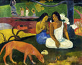 Quadro "Arearea" de Paul Gauguin, com três mulheres taitianas e um cão laranja em paisagem tropical vibrante.