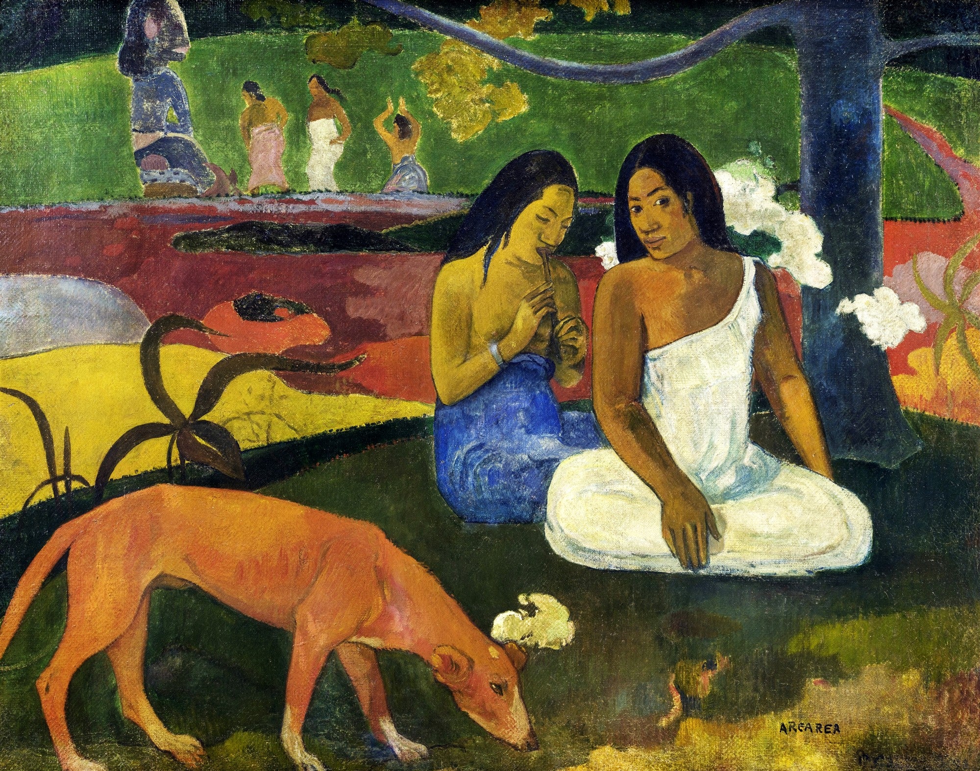 Quadro "Arearea" de Paul Gauguin, com três mulheres taitianas e um cão laranja em paisagem tropical vibrante.