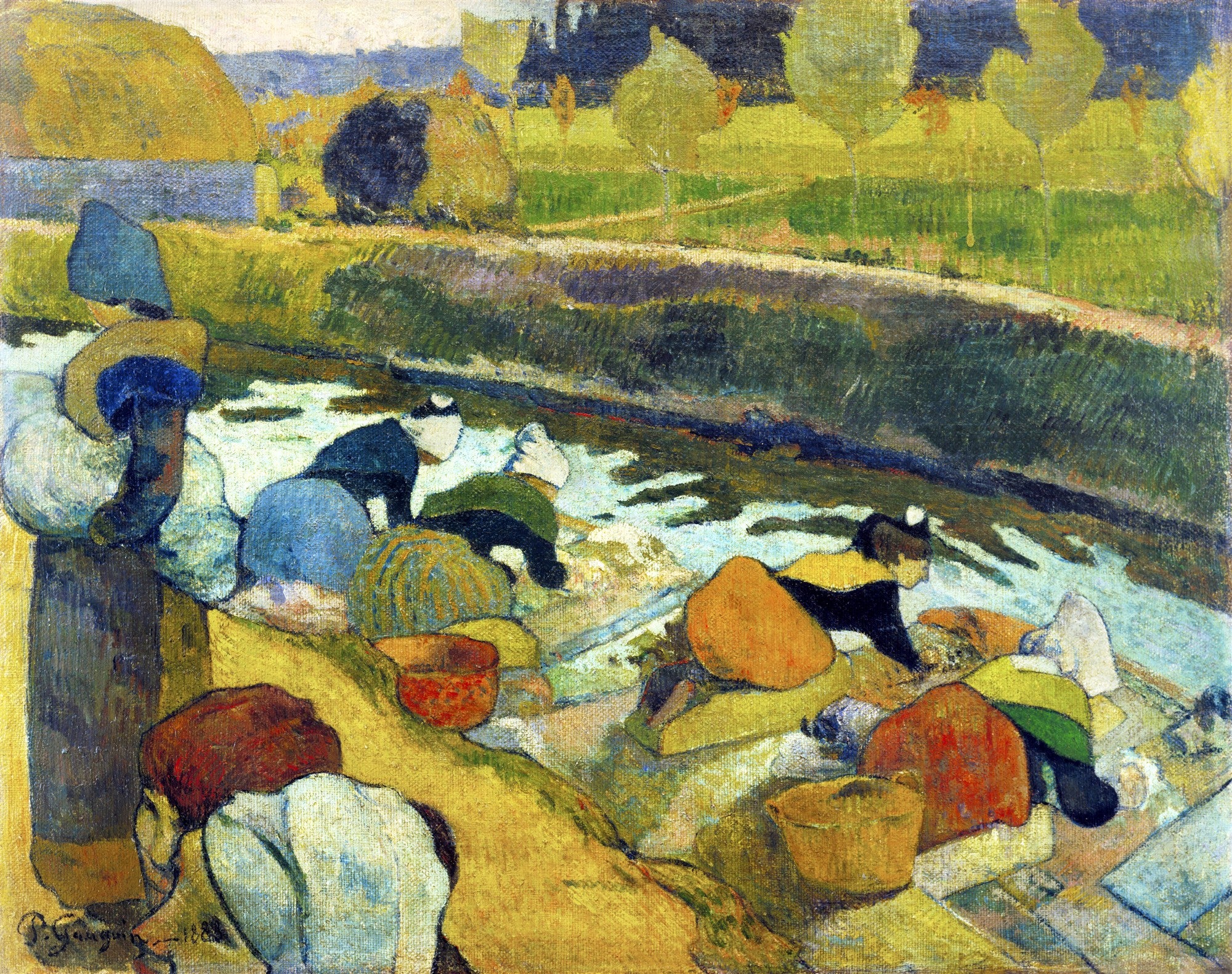 Quadro decorativo 'As Lavadeiras' de Paul Gauguin, mostrando mulheres lavando roupas em um rio, com paisagem rural ao fundo em tons terrosos, azuis e verdes.