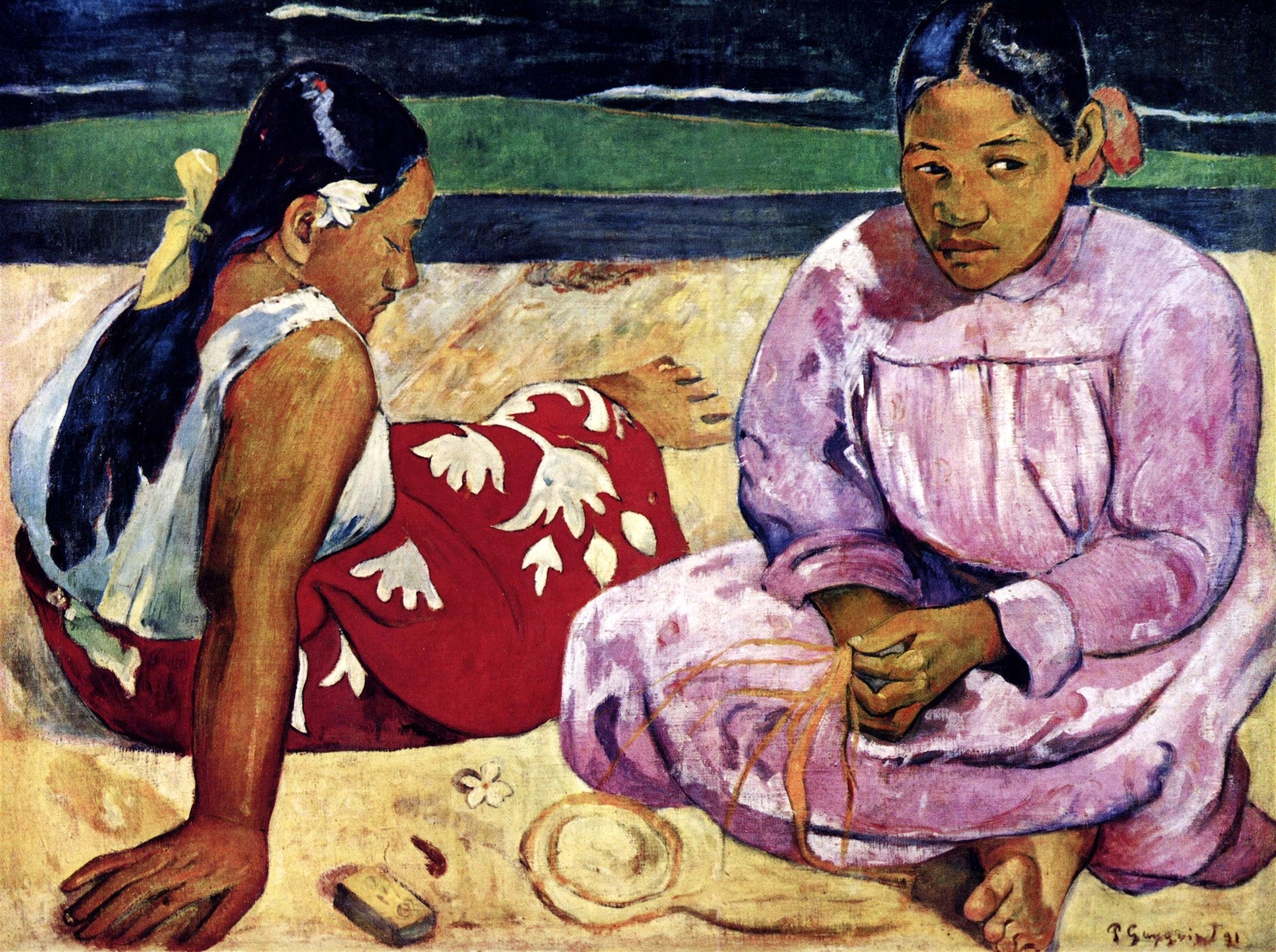Duas mulheres taitianas sentadas na praia, uma de perfil e outra de frente, com cores vibrantes e um fundo de mar e areia.