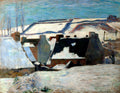 Quadro decorativo mostrando uma paisagem de inverno com casas e campos cobertos de neve sob um céu azul, estilo Pós-Impressionista de Paul Gauguin.