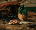 Quadro decorativo com natureza-morta de Paul Gauguin, mostrando peixes, mexilhões e uma jarra verde ao lado do mar sob um céu nublado.