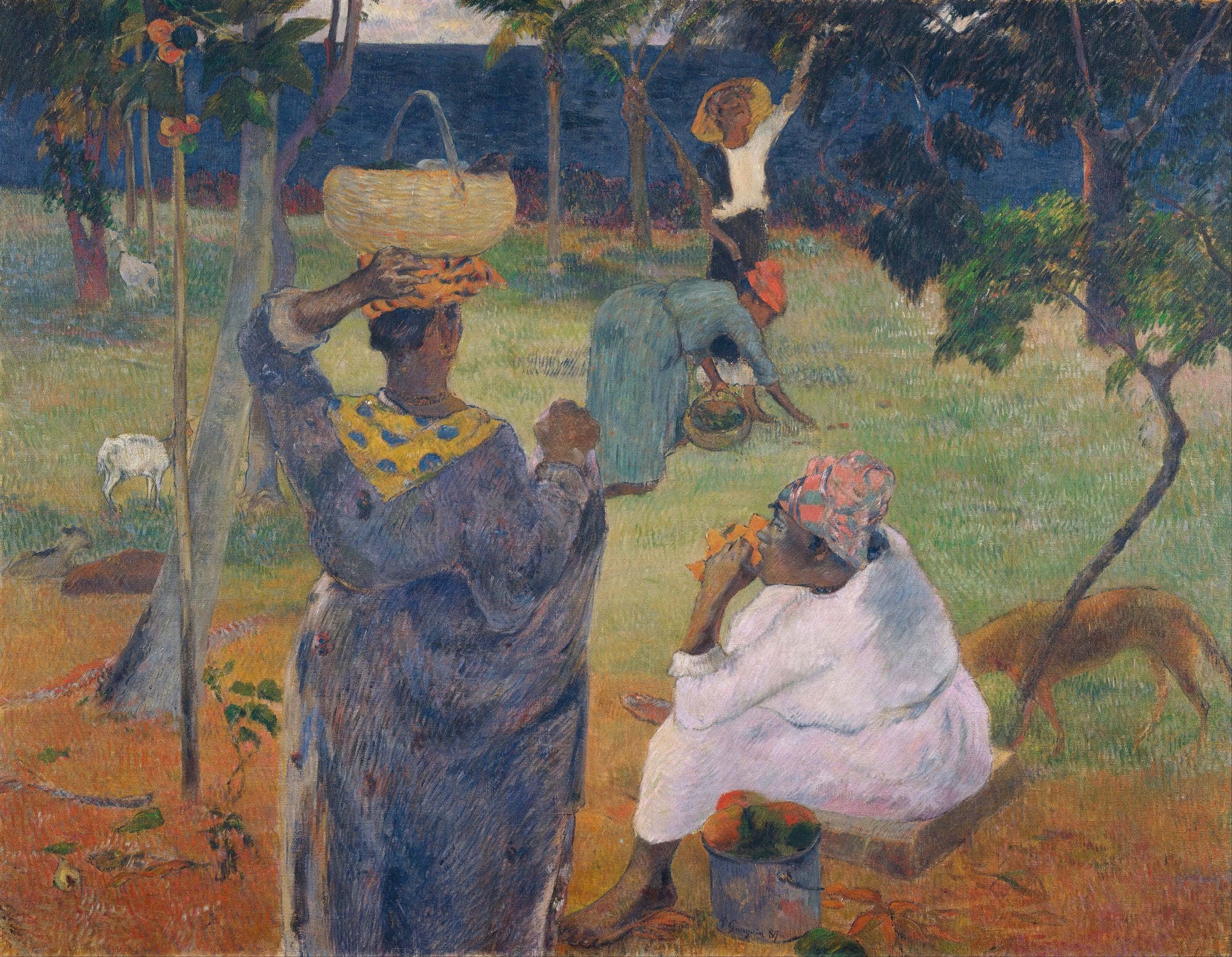 Quadro decorativo com pintura de Paul Gauguin, 'La cueillette des fruits'. Retrata figuras femininas em um cenário tropical colhendo e comendo frutas, com vegetação exuberante e mar ao fundo. Cores vibrantes e estilo pós-impressionista.
