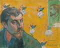 Autorretrato de Paul Gauguin, 'Les Misérables', com o artista olhando para a frente, fundo amarelo vibrante e flores estilizadas, e um perfil de Van Gogh ao fundo, em tons de verde.