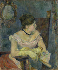 Quadro decorativo com retrato de uma mulher sentada de perfil, usando luvas e segurando um leque, com um espelho oval ao fundo. Cores predominantemente azuis, verdes e terrosas.